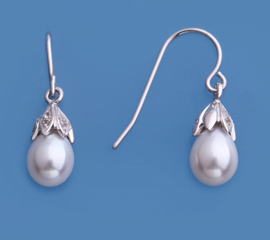 Sterling Silver Earrings with 6.5-7mm Drop Shape Freshwater Pearl and Cubic Zirconia - Wing Wo Hing Jewelry Group - Pearl Jewelry Manufacturer