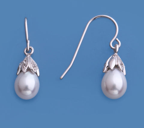 Sterling Silver Earrings with 6.5-7mm Drop Shape Freshwater Pearl and Cubic Zirconia