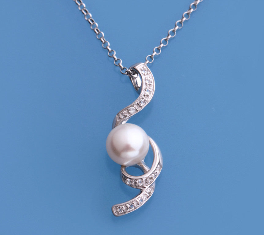Sterling Silver Pendant with 7-7.5mm Button Shape Freshwater Pearl and White Topaz - Wing Wo Hing Jewelry Group - Pearl Jewelry Manufacturer