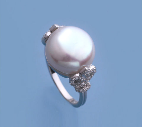 Sterling Silver Ring with 13.5-14mm Coin Shape Freshwater Pearl and Cubic Zirconia