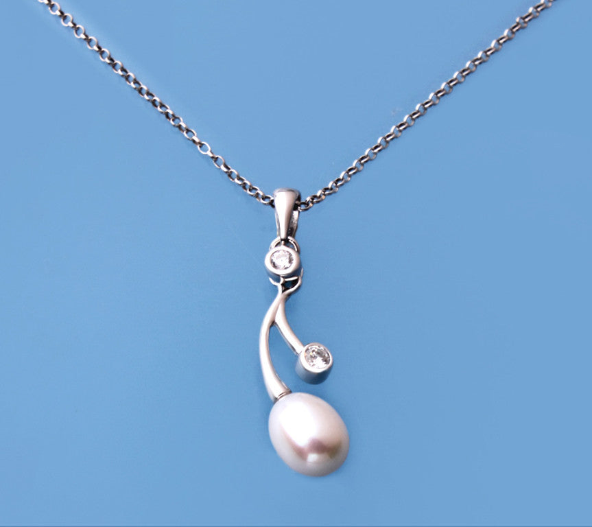 Sterling Silver Pendant with 7-7.5mm Oval Shape Freshwater Pearl and Cubic Zirconia - Wing Wo Hing Jewelry Group - Pearl Jewelry Manufacturer