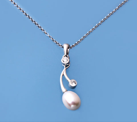 Sterling Silver Pendant with 7-7.5mm Oval Shape Freshwater Pearl and Cubic Zirconia