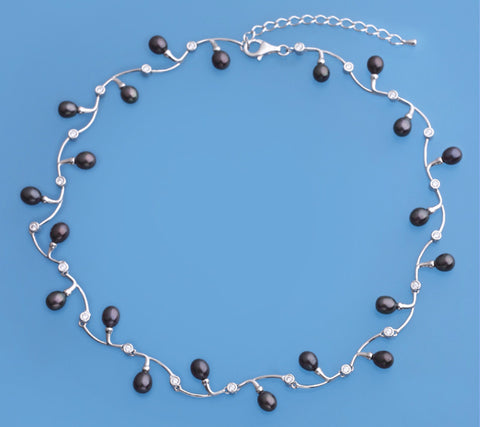 Sterling Silver Necklace with 6-6.5mm Oval Shape Freshwater Pearl and Cubic Zirconia