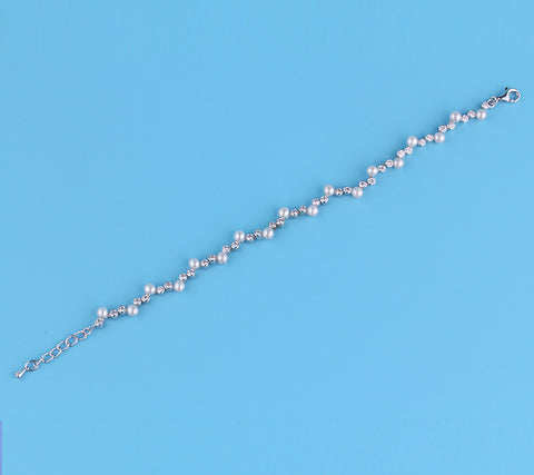 Sterling Silver Bracelet with 4-4.5mm Button Shape Freshwater Pearl and Cubic Zirconia