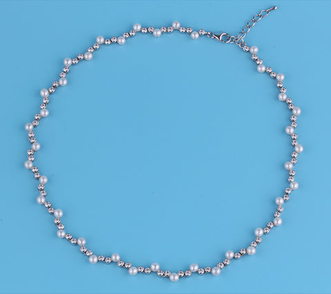 Sterling Silver Necklace with 4-4.5mm Button Shape Freshwater Pearl and Cubic Zirconia