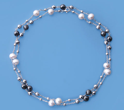 Sterling Silver Necklace with 8.5-9mm Potato Shape Freshwater Pearl and Hematite