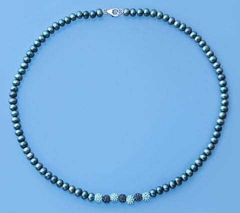 Sterling Silver Necklace with 5.5-6mm Button Shape Freshwater Pearl and Crystal Ball