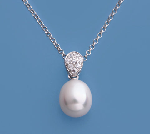 Sterling Silver Pendant with 8-8.5mm Drop Shape Freshwater Pearl and Cubic Zirconia