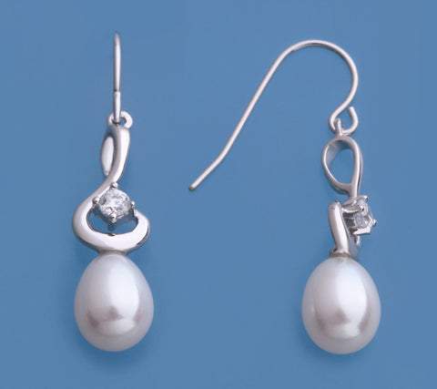 Sterling Silver Earrings with 7.5-8mm Drop Shape Freshwater Pearl and Cubic Zirconia