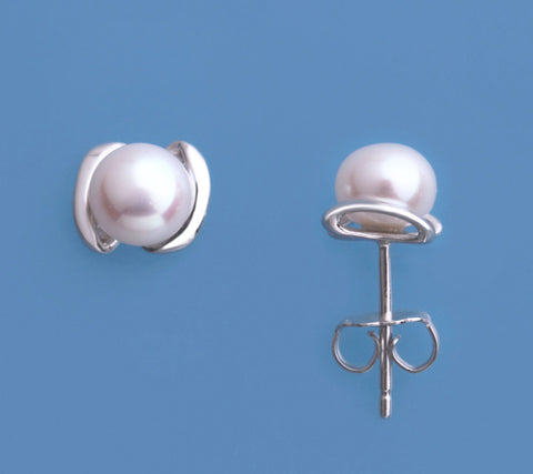 Sterling Silver Earrings with 6-6.5mm Button Shape Freshwater Pearl