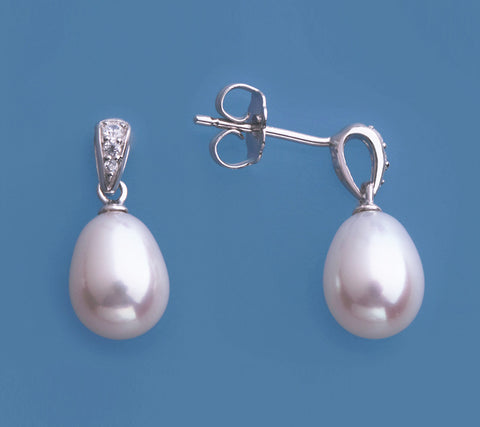 Sterling Silver Earrings with 7.5-8mm Drop Shape Freshwater Pearl and Cubic Zirconia