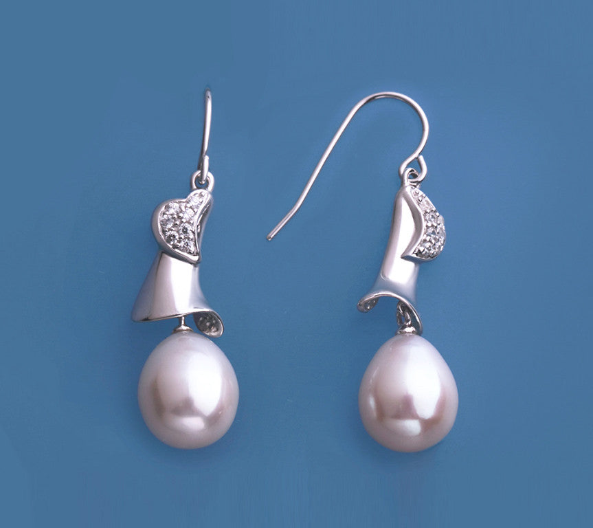 Sterling Silver Earrings with 10-10.5mm Drop Shape Freshwater Pearl and Cubic Zirconia - Wing Wo Hing Jewelry Group - Pearl Jewelry Manufacturer