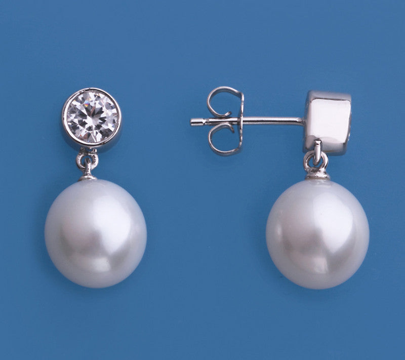 Sterling Silver Earrings with 9.5-10mm Drop Shape Freshwater Pearl and Cubic Zirconia - Wing Wo Hing Jewelry Group - Pearl Jewelry Manufacturer