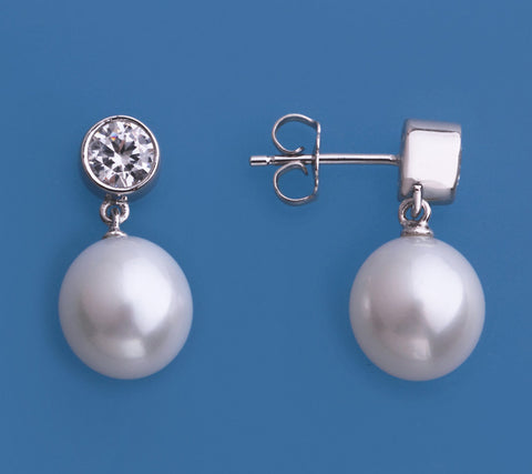 Sterling Silver Earrings with 9.5-10mm Drop Shape Freshwater Pearl and Cubic Zirconia