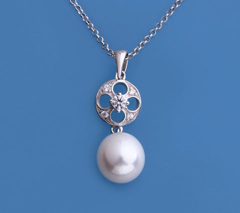 Sterling Silver Pendant with 9.5-10mm Oval Shape Freshwater Pearl and Cubic Zirconia