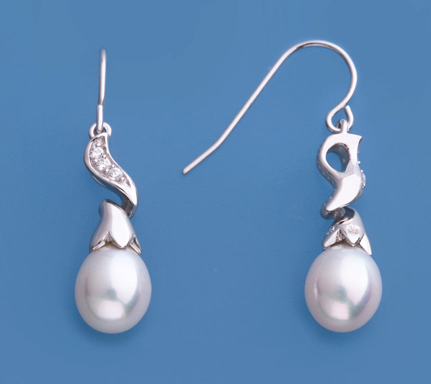 Sterling Silver Earrings with 7.5-8mm Oval Shape Freshwater Pearl and Cubic Zirconia - Wing Wo Hing Jewelry Group - Pearl Jewelry Manufacturer