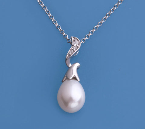 Sterling Silver Pendant with 8-8.5mm Oval Shape Freshwater Pearl and Cubic Zirconia