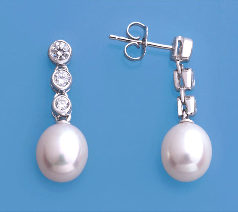 Sterling Silver with 8.5-9mm Oval Shape Freshwater Pearl and Cubic Zirconia Earrings