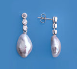 Sterling Silver Earrings with 11-12mm Baroque Shape Freshwater Pearl and Cubic Zirconia - Wing Wo Hing Jewelry Group - Pearl Jewelry Manufacturer