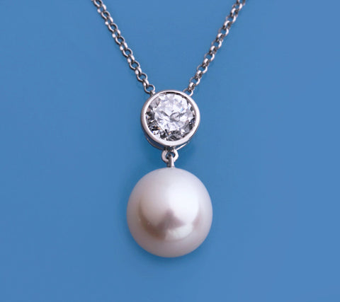 Sterling Silver Pendant with 10-11mm Drop Shape Freshwater Pearl and Cubic Zirconia