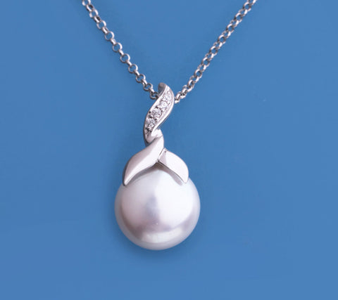 Sterling Silver Pendant with 11-12mm Coin Shape Freshwater Pearl and Cubic Zirconia