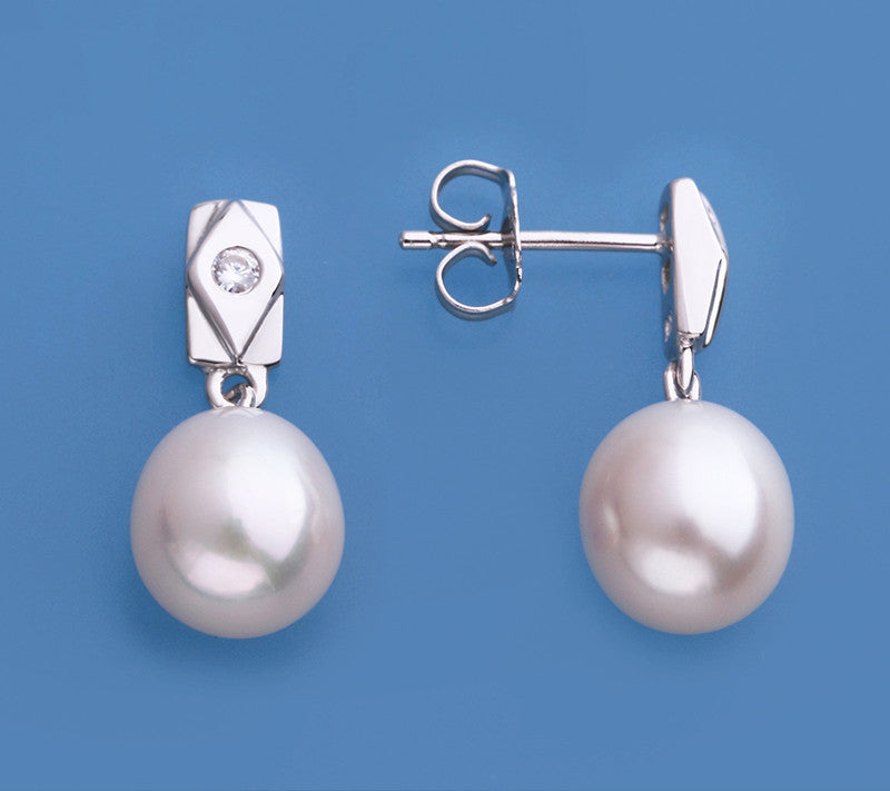 Sterling Silver Earrings with 8.5-9mm Oval Shape Freshwater Pearl and Cubic Zirconia - Wing Wo Hing Jewelry Group - Pearl Jewelry Manufacturer