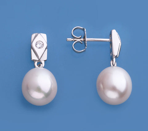Sterling Silver Earrings with 8.5-9mm Oval Shape Freshwater Pearl and Cubic Zirconia