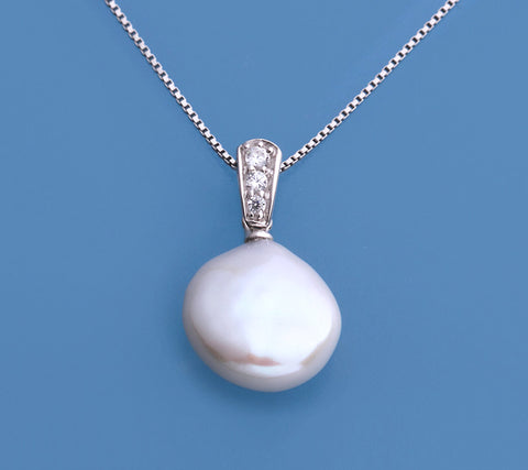 Sterling Silver Pendant with 12-12.5mm Button Shape Freshwater Pearl and Cubic Zirconia
