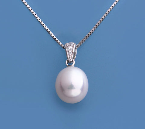 Sterling Silver Pendant with 7.5-8mm Drop Shape Freshwater Pearl and Cubic Zirconia