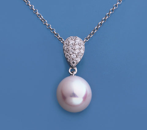 Sterling Silver Pendant with 10-10.5mm Oval Shape Freshwater Pearl and Cubic Zirconia