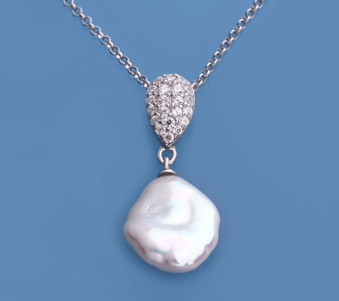Sterling Silver Pendant with 12-13mm Keshi Shape Freshwater Pearl and Cubic Zirconia