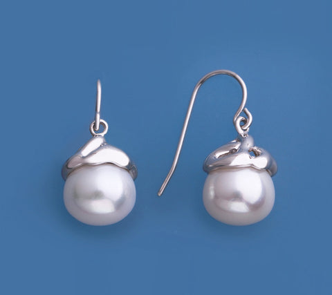 Sterling Silver Earrings with 10-10.5mm Button Shape Freshwater Pearl