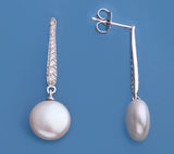 Sterling Silver Earrings with 10.5-11mm Oval Shape Freshwater Pearl and Cubic Zirconia - Wing Wo Hing Jewelry Group - Pearl Jewelry Manufacturer