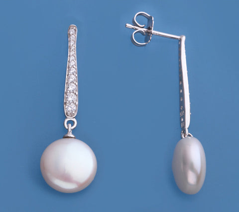 Sterling Silver Earrings with 10.5-11mm Oval Shape Freshwater Pearl and Cubic Zirconia