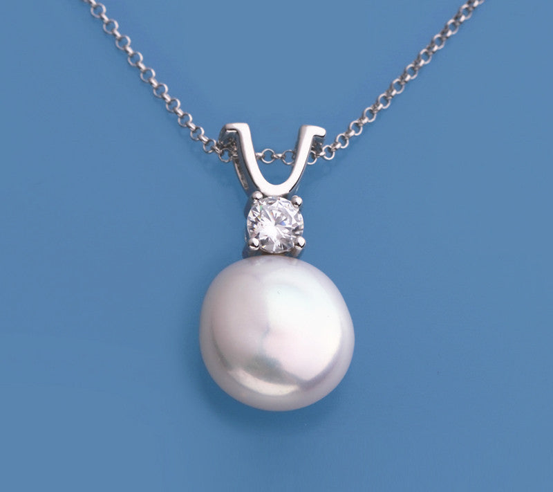 Sterling Silver Pendant with 13-14mm Button Shape Freshwater Pearl and Cubic Zirconia - Wing Wo Hing Jewelry Group - Pearl Jewelry Manufacturer