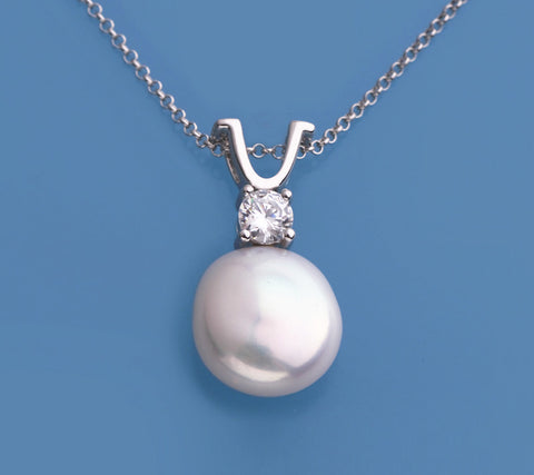 Sterling Silver Pendant with 13-14mm Button Shape Freshwater Pearl and Cubic Zirconia