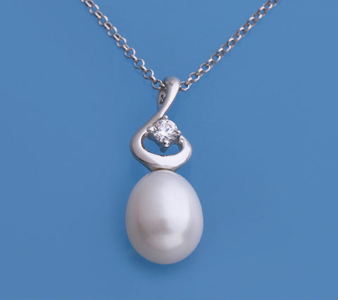 Sterling Silver Pendant with 9-9.5mm Drop Shape Freshwater Pearl and Cubic Zirconia