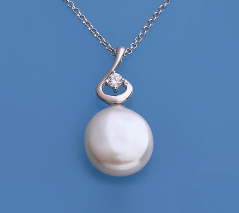 Sterling Silver Pendant with 13-14mm Button Shape Freshwater Pearl and Cubic Zirconia