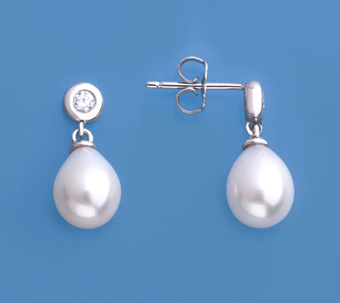 Sterling Silver Earrings with 7.5-8mm Oval Shape Freshwater Pearl and Cubic Zirconia