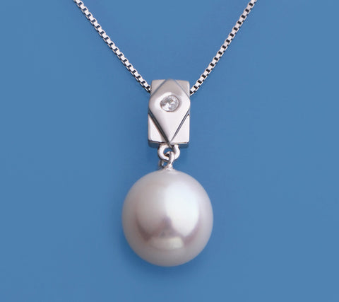 Sterling Silver Pendant with 10-10.5mm Drop Shape Freshwater Pearl and Cubic Zirconia