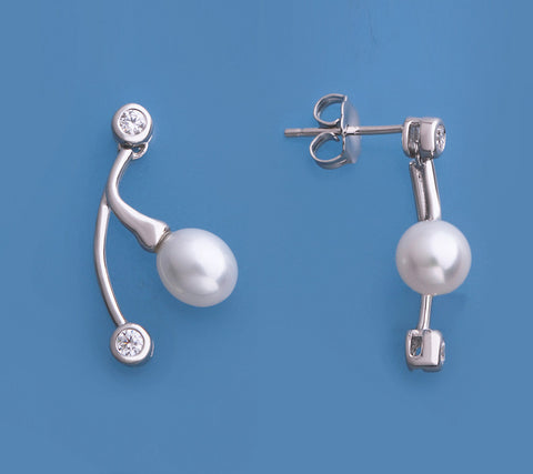Sterling Silver Earrings with 6-6.5mm Oval Shape Freshwater Pearl and Cubic Zirconia