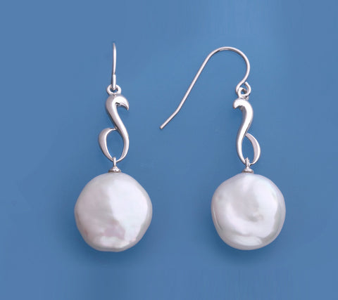 Sterling Silver Earrings with 13.5-14mm Button Shape Freshwater Pearl