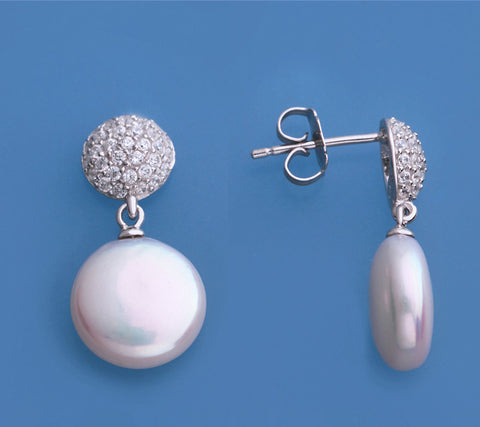 Sterling Silver Earrings with 11-12mm Button Shape Freshwater Pearl and Cubic Zirconia