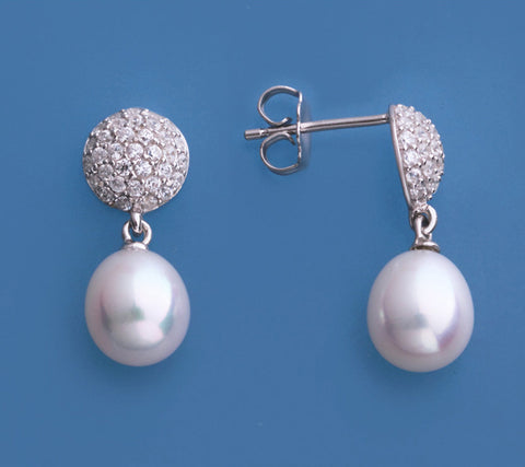 Sterling Silver Earrings with 7.5-8mm Oval Shape Freshwater Pearl and Cubic Zirconia