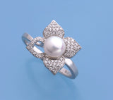 Sterling Silver Ring with 6-6.5mm Button Shape Freshwater Pearl and Cubic Zirconia - Wing Wo Hing Jewelry Group - Pearl Jewelry Manufacturer