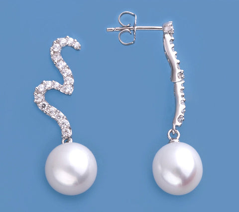 Sterling Silver Earrings with 9.5-10mm Oval Shape Freshwater Pearl and Cubic Zirconia
