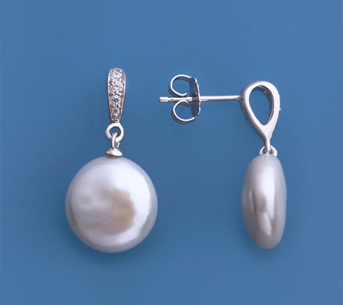 Sterling Silver Earrings with 12-13mm Button Shape Freshwater Pearl and Cubic Zirconia
