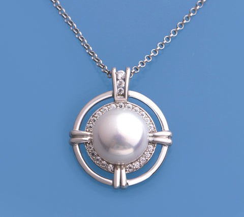 Sterling Silver Pendant with 10-10.5mm Button Shape Freshwater Pearl and Cubic Zirconia