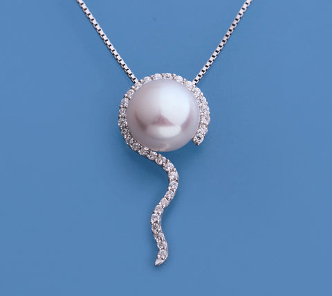 Sterling Silver Pendant with 9-9.5mm Button Shape Freshwater Pearl and Cubic Zirconia