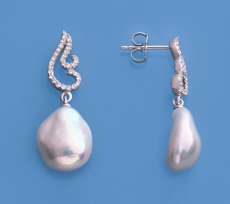 Sterling Silver Earrings with 12-13mm Baroque Shape Freshwater Pearl and White Topaz - Wing Wo Hing Jewelry Group - Pearl Jewelry Manufacturer